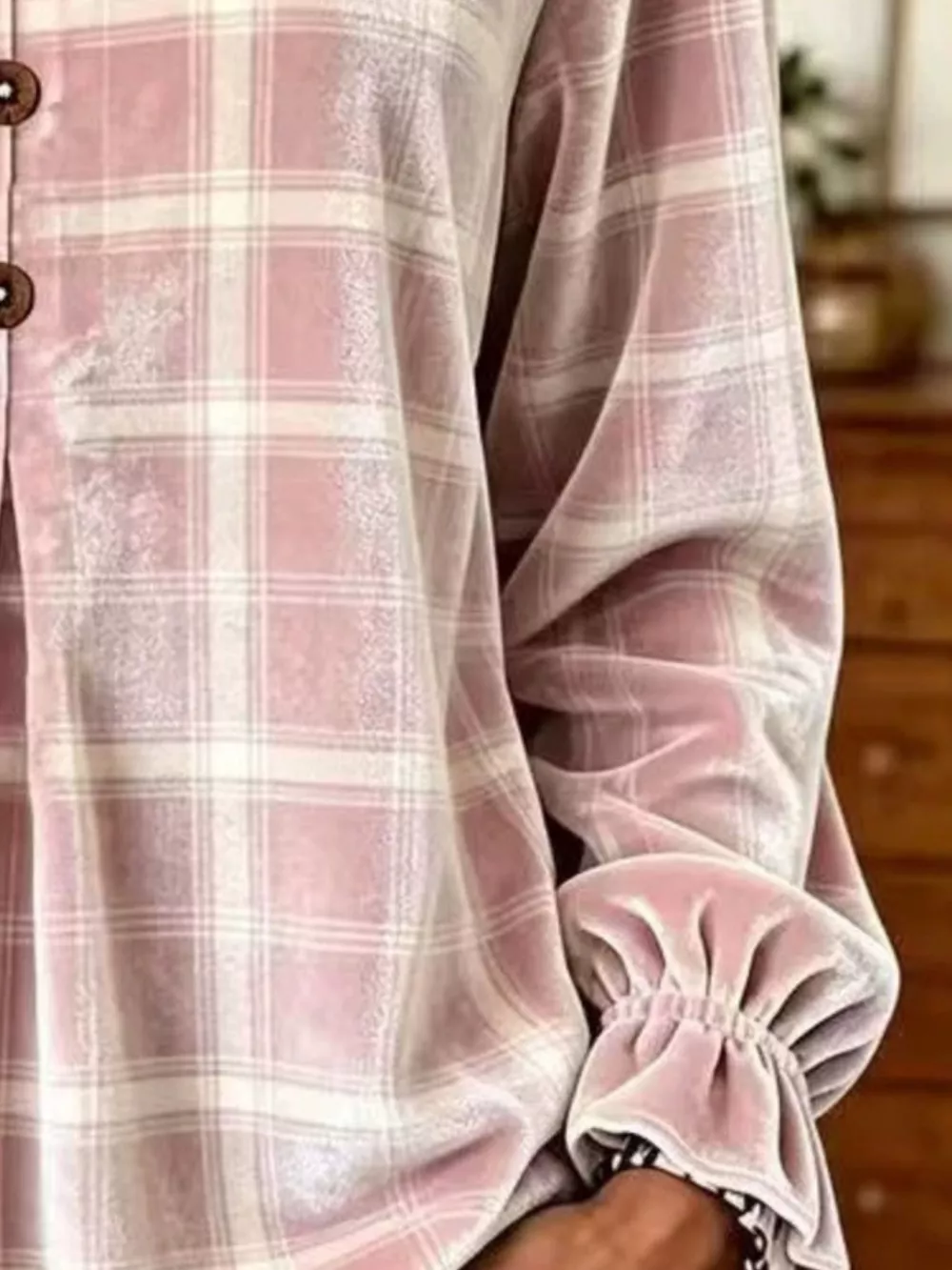 Full Size Plaid Velvet Flounce Sleeve Blouse Plus Size, image 5