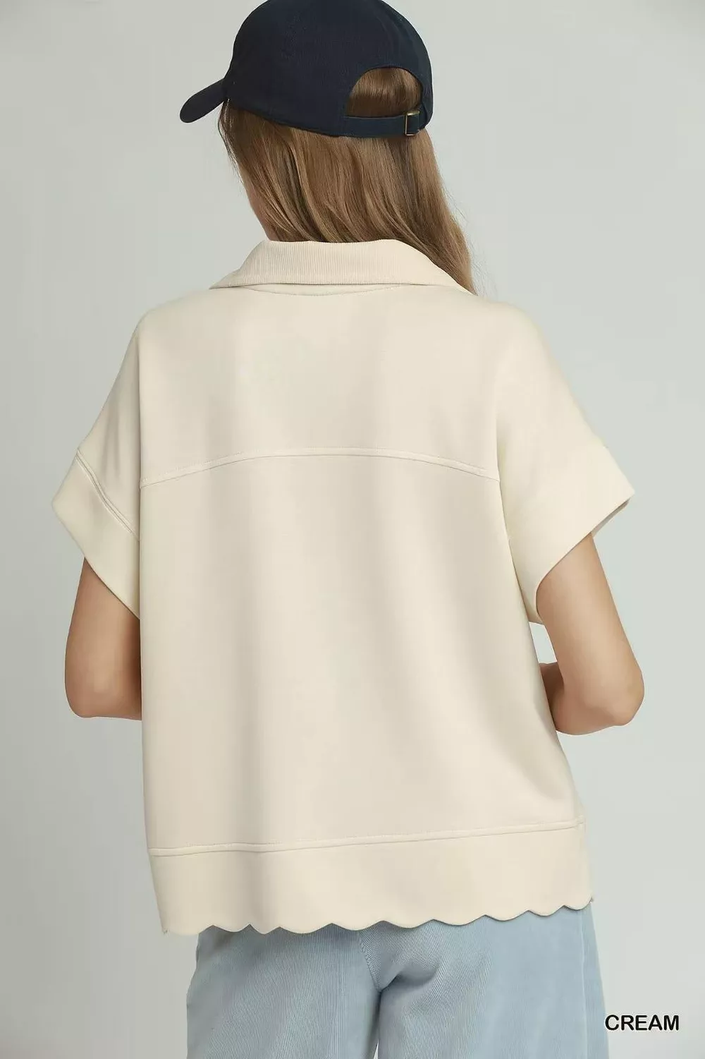 Half Zip Pullover with Scalloped Edge Hem, image 2