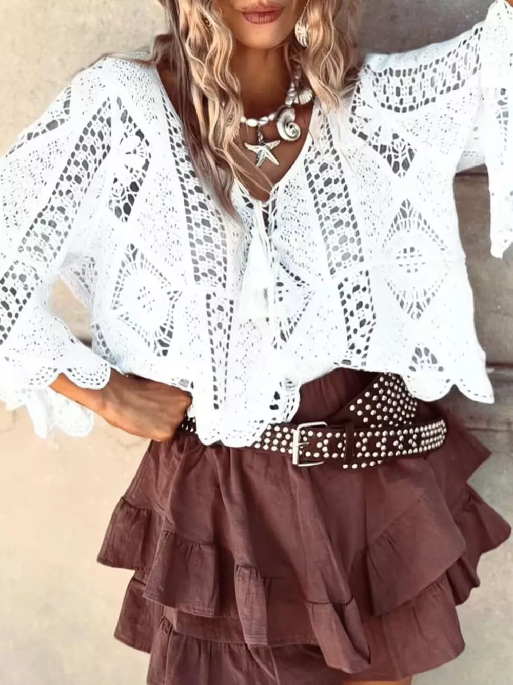 Tassel V-Neck Crochet Knit Top, image 5