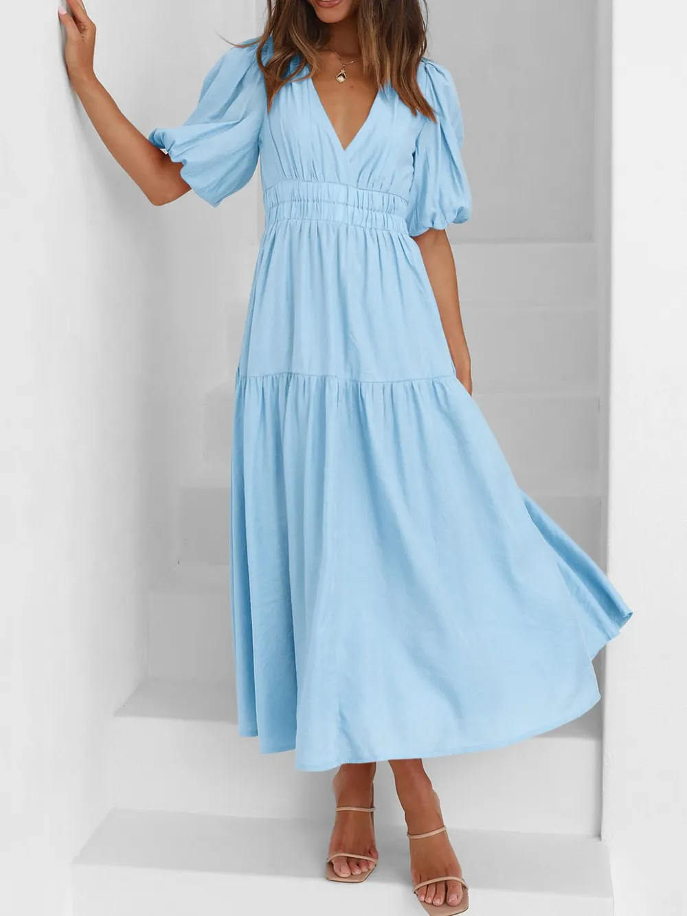 V-Neck Puff Sleeve Midi Dress, image 20