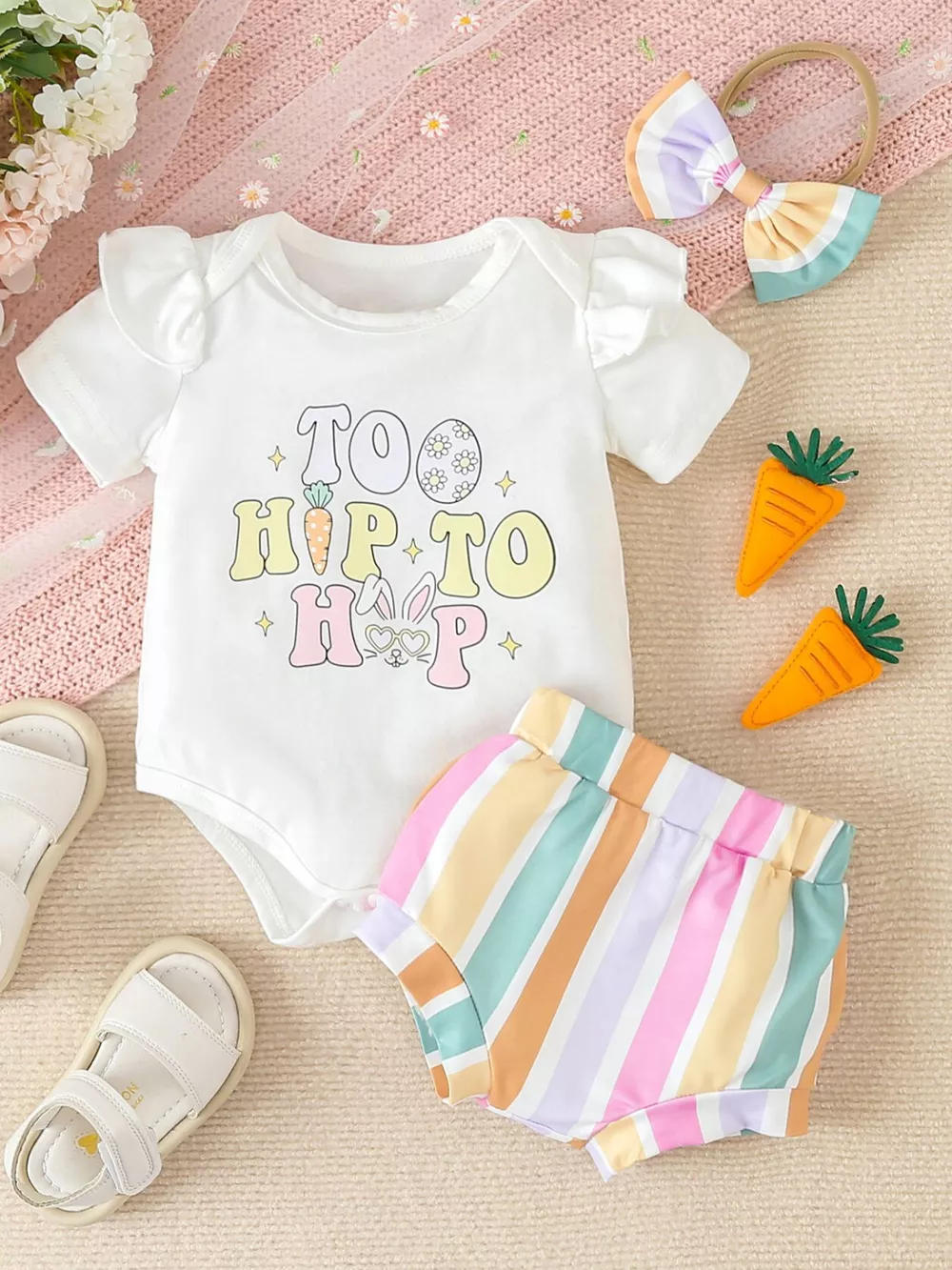 Children's Ruffled Short Sleeve Bodysuit and Shorts Set with Headband, image 2