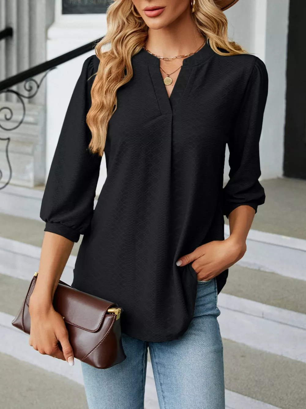 Notched 3/4 Sleeve Casual Top, image 17