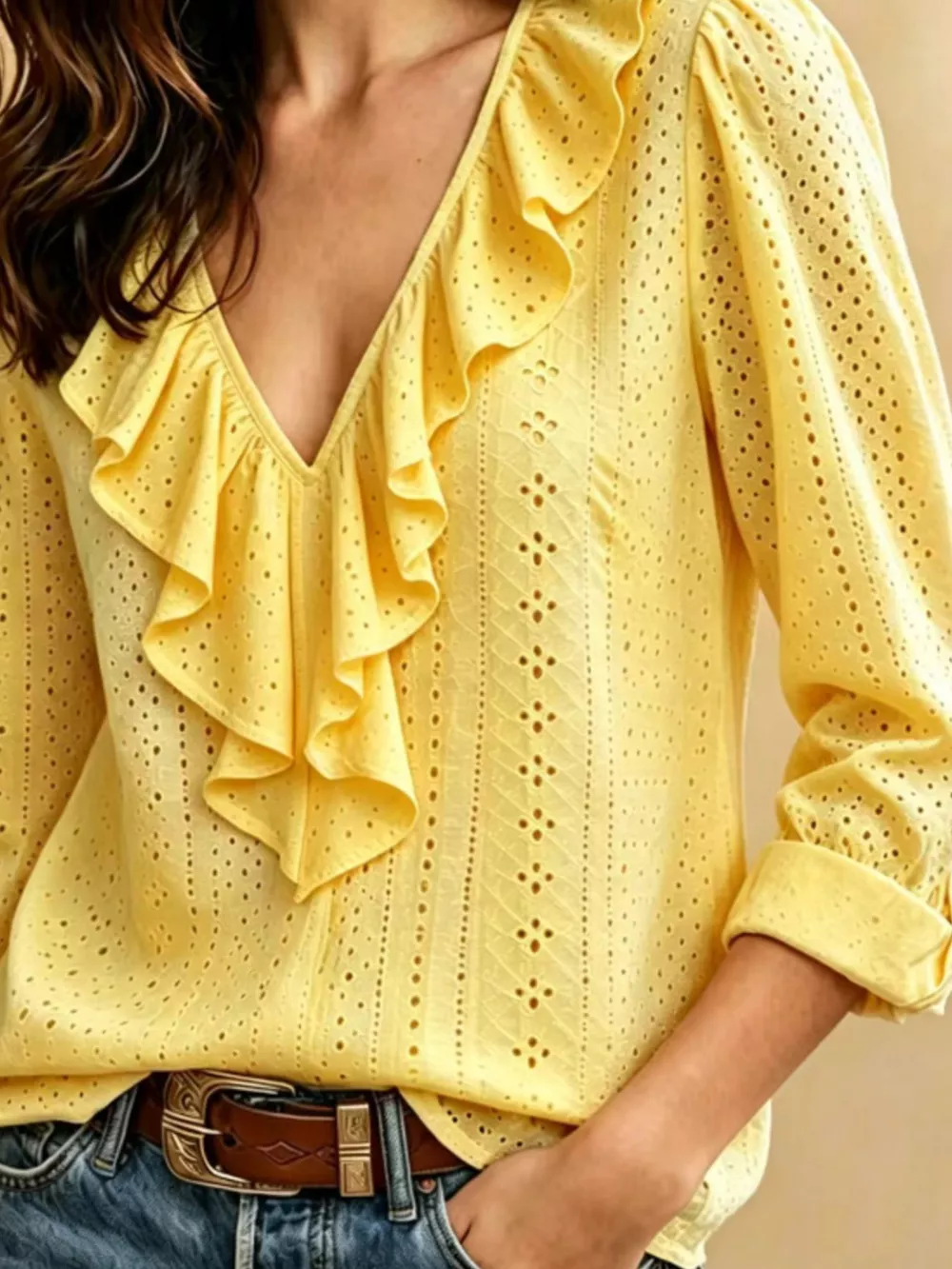 Eyelet Ruffle V-Neck Blouse, image 10