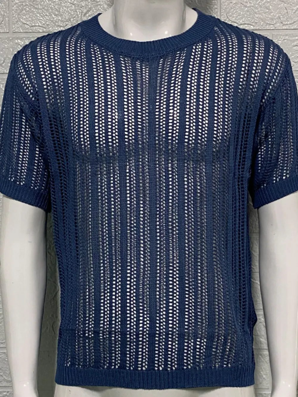Men's Openwork Round Neck Knit T-Shirt, image 6
