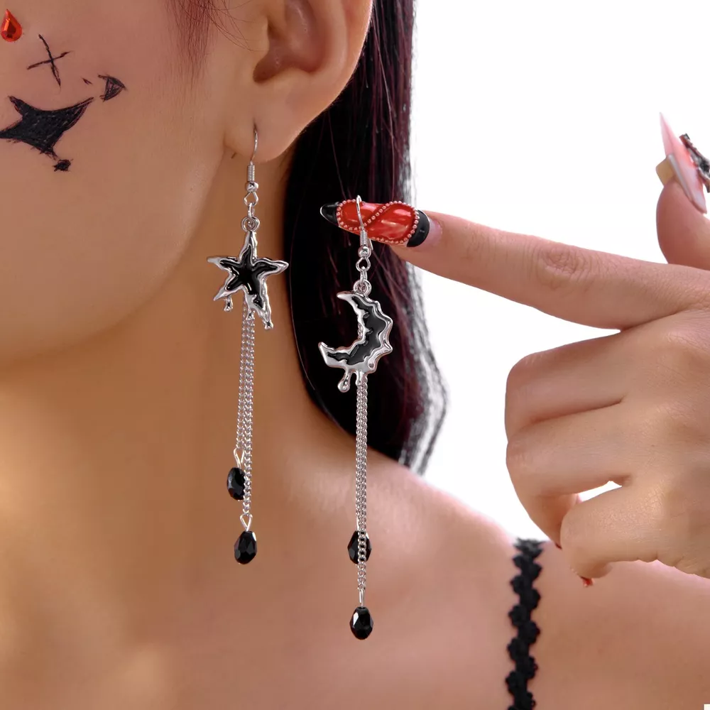 Star & Moon Chain Drop Earrings