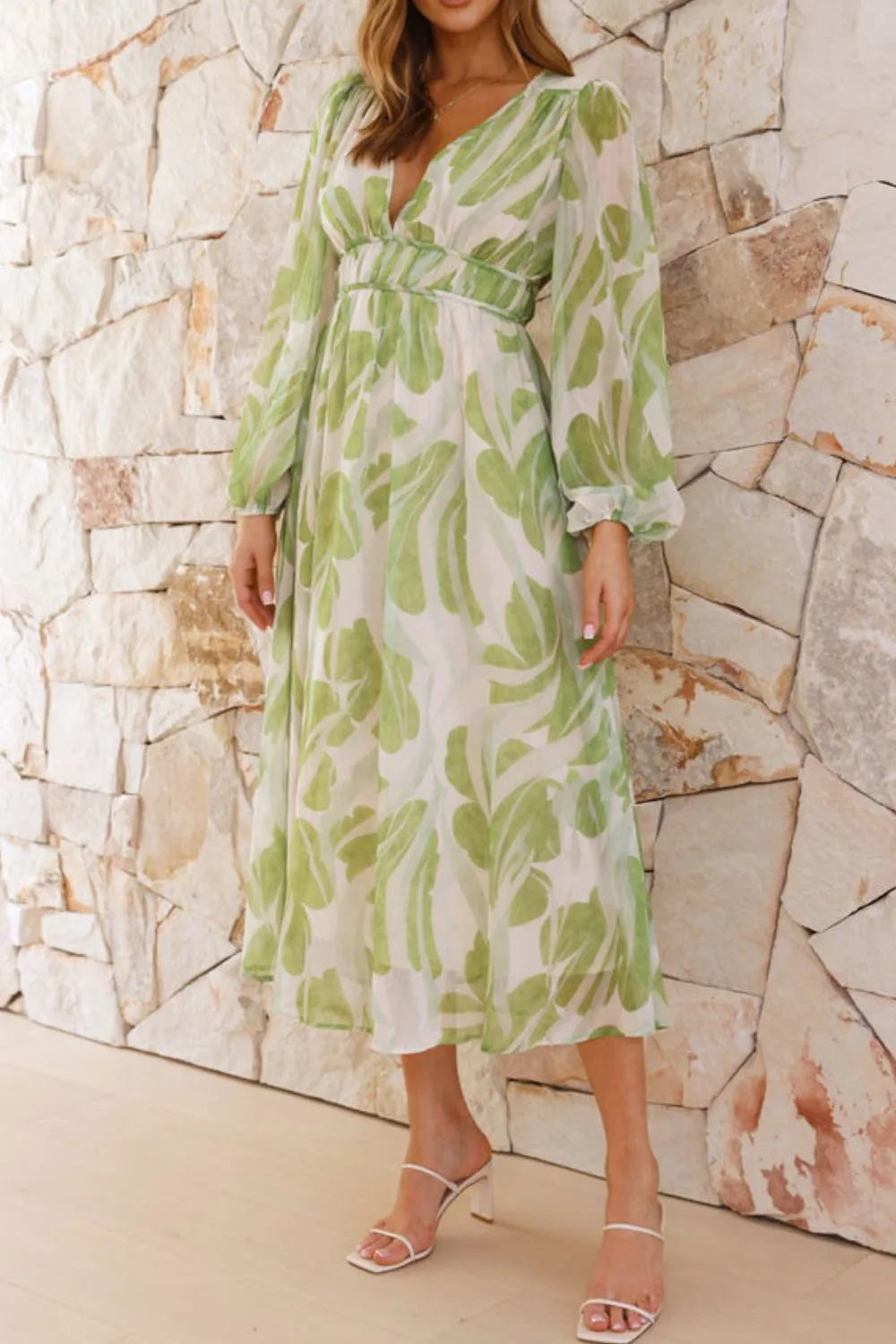 Printed V-Neck Long Sleeve Midi Dress, image 4