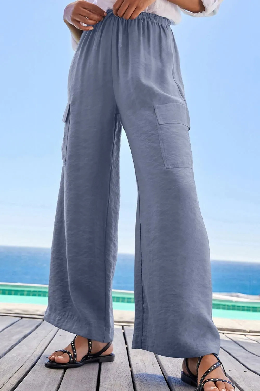 Drawstring Frilled Waist Wide Leg Utility Trousers, image 16