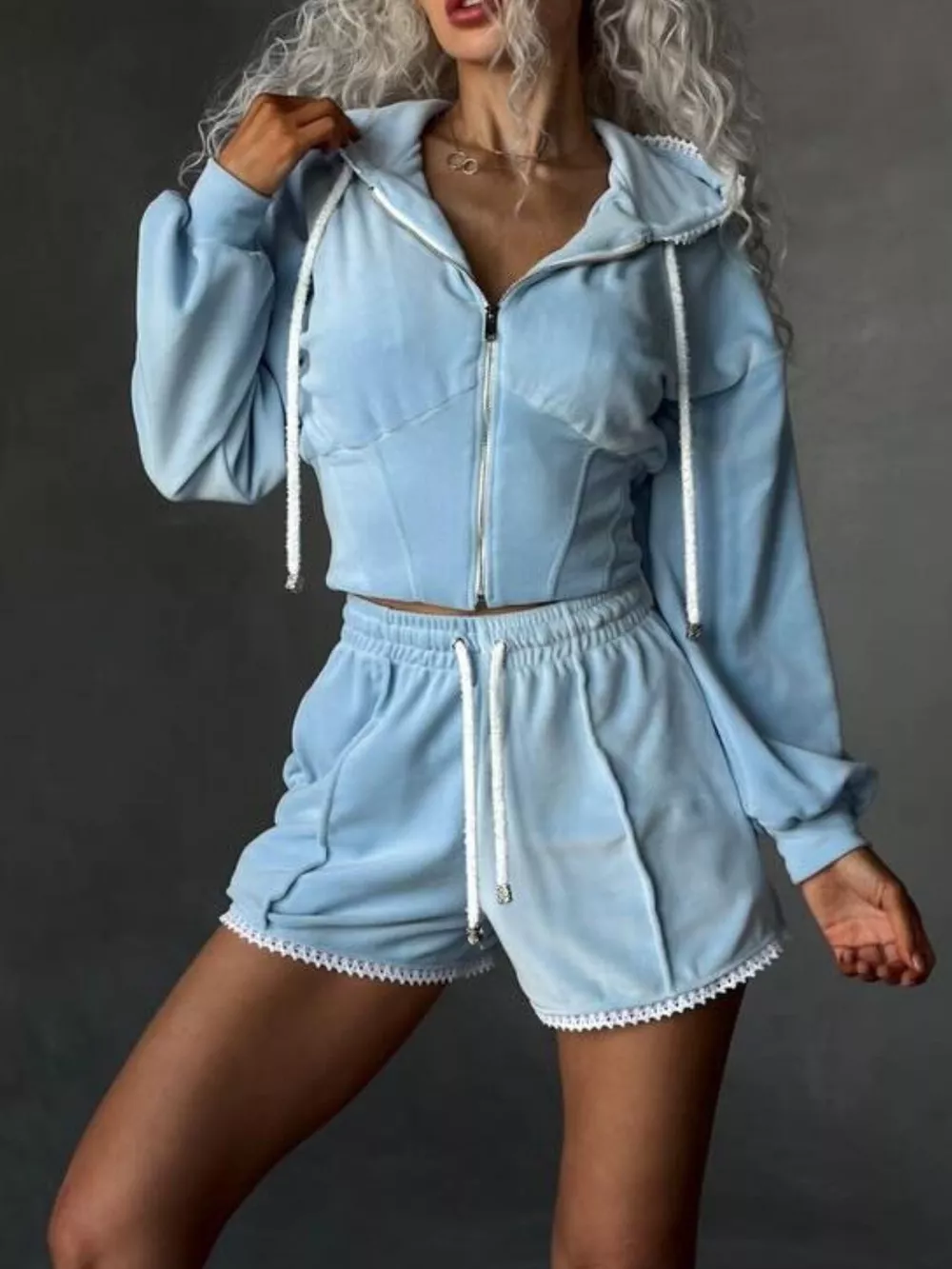 Zip Up Hooded Outerwear and Shorts Set