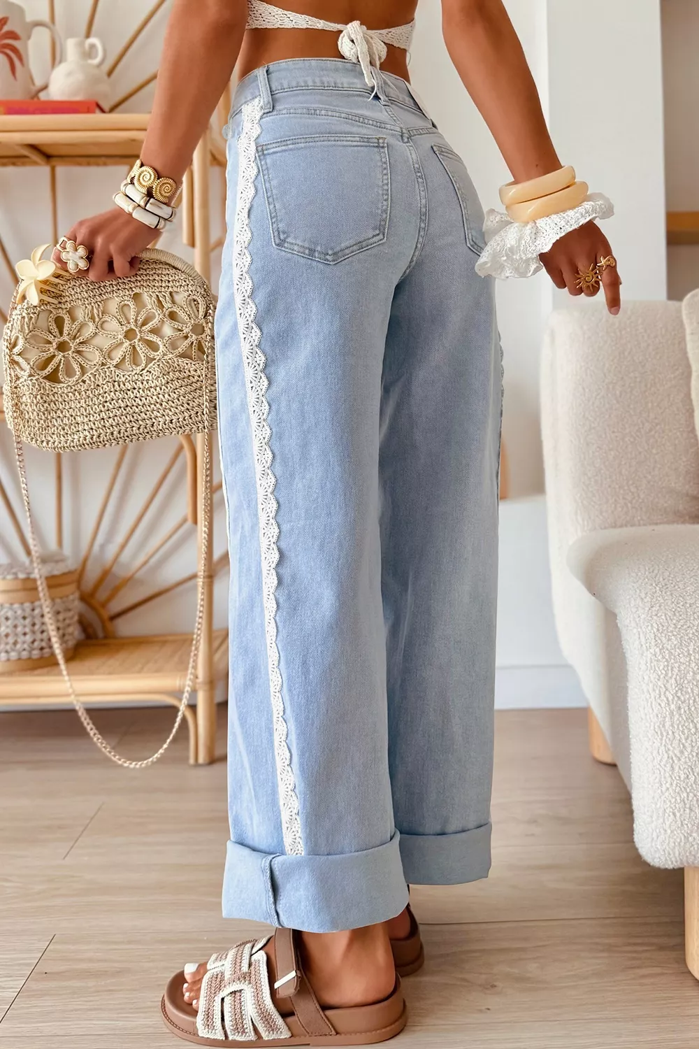 Light Wash Lace Trim Wide Leg Jeans, image 3