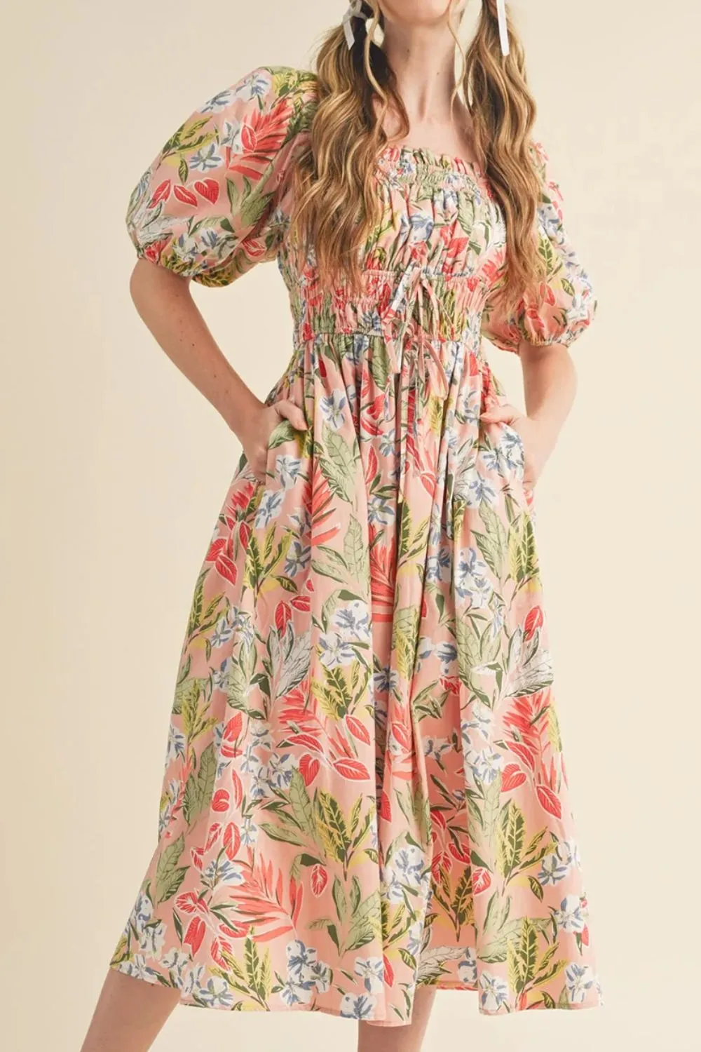 Floral Smocked Square Neck Puff Short Sleeve Midi Dress, image 12