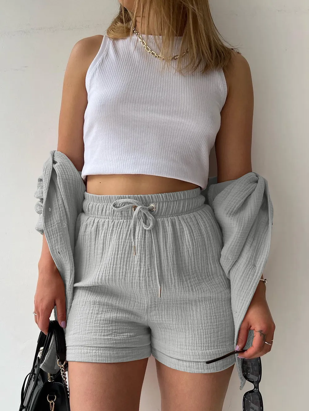 Texture Button Up Shirt and Drawstring Shorts Set, image 20