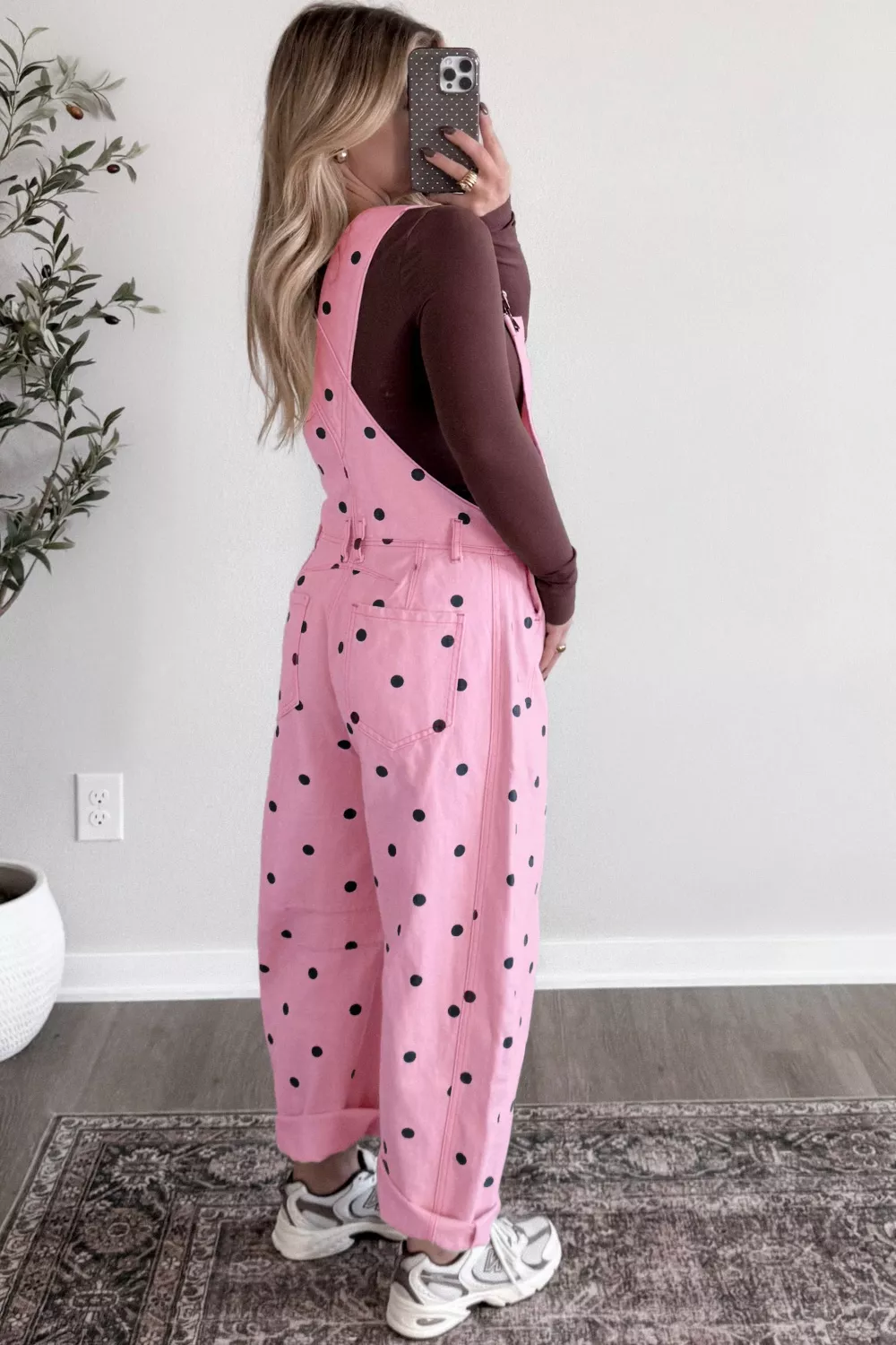 Polka Dot Print Bib Pocket Denim Barrel Overalls, image 3