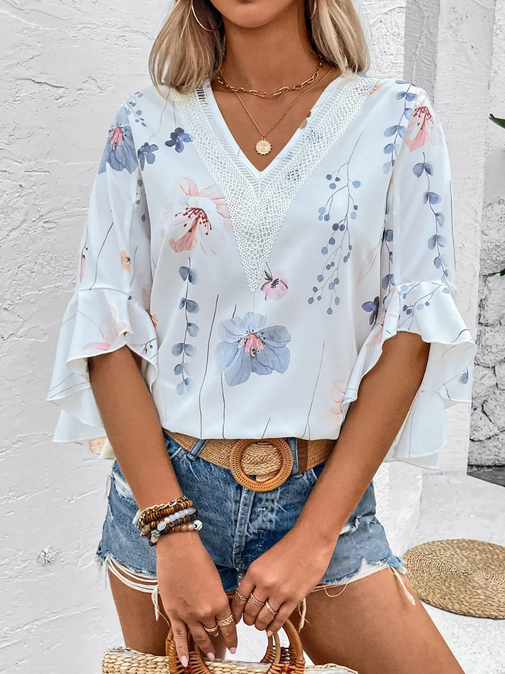 Ruffled Printed V-Neck Half Sleeve Blouse, image 10