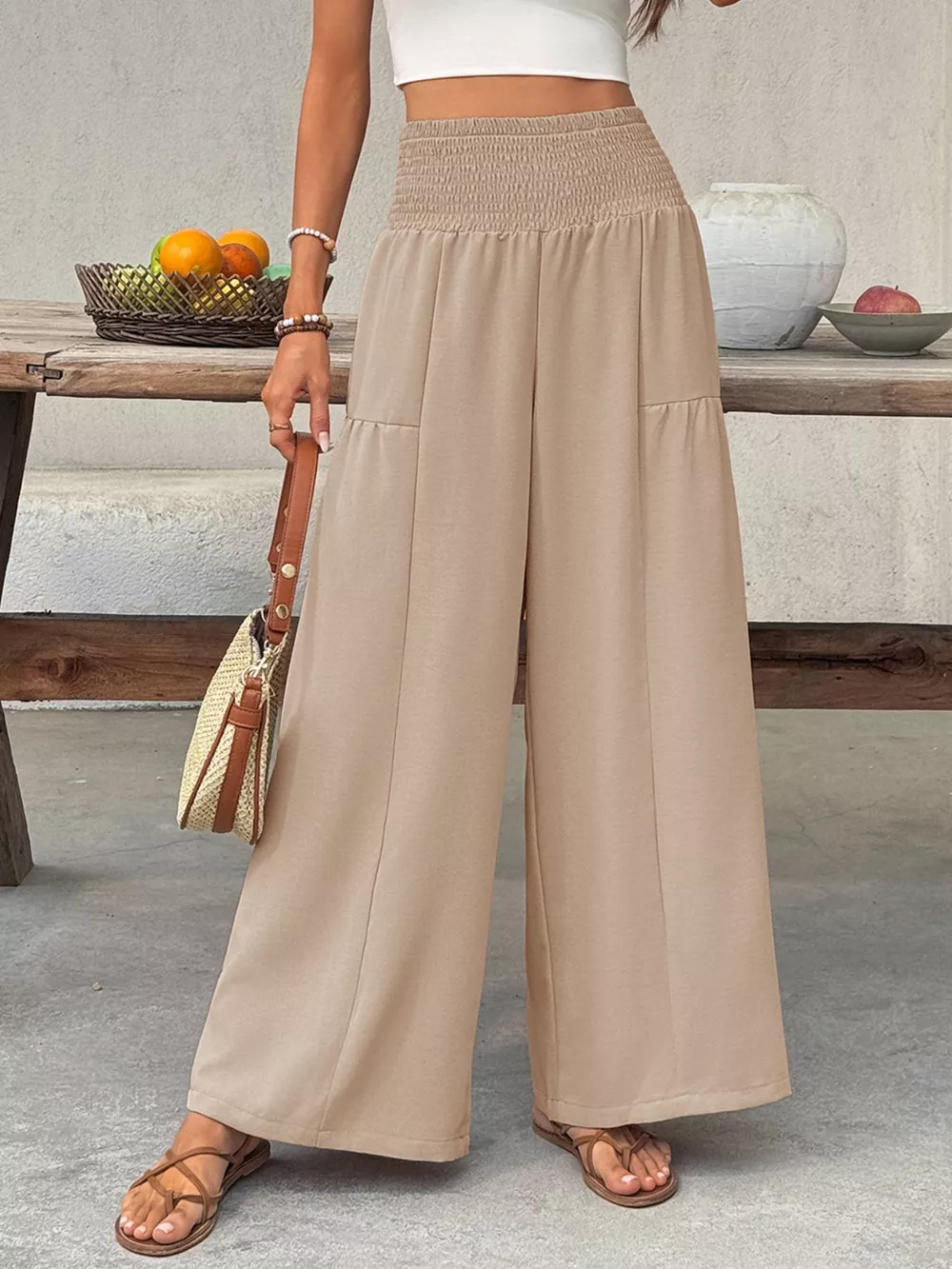 Smocked Waist Wide Leg Pants, image 2