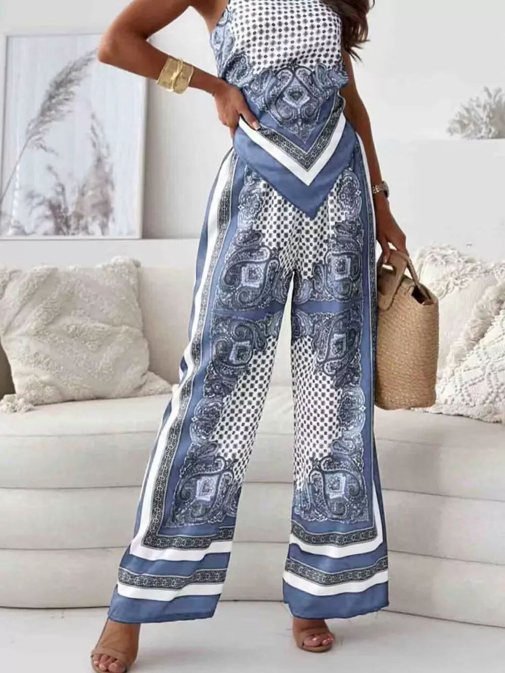 Printed Cami and Wide Leg Pants Set, image 6