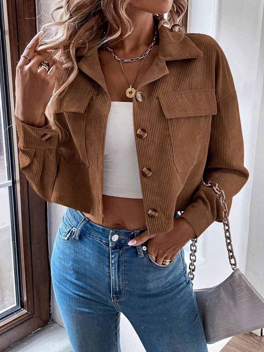 Cropped Corduroy Button-Down Jacket, image 2