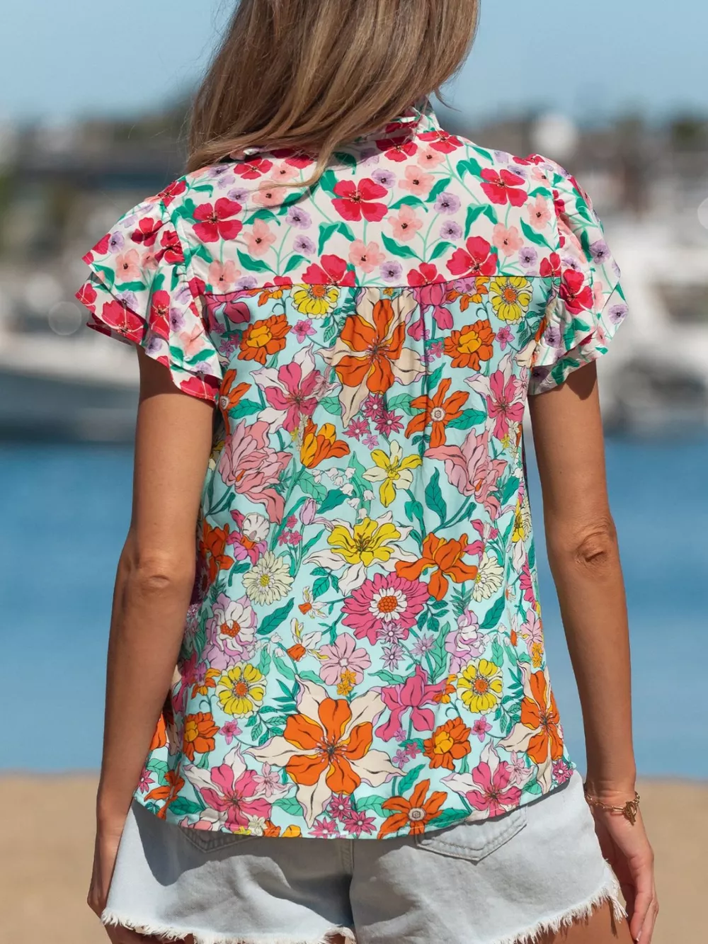 Floral Print Split Neck Button Front Flutter Sleeve Blouse, image 3
