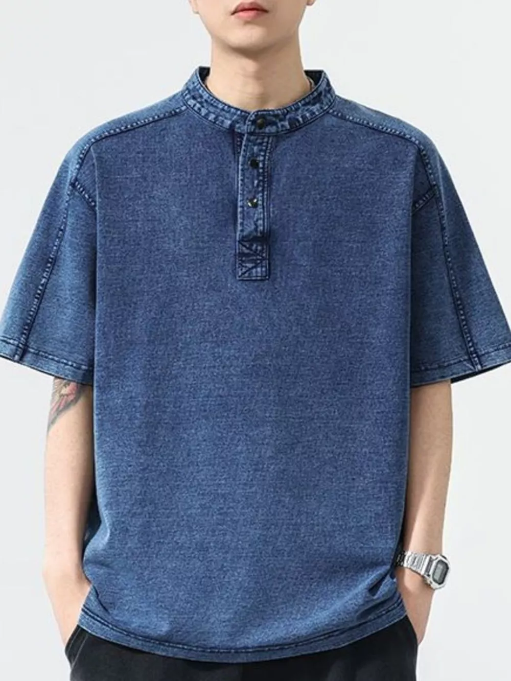 Men's Plus Size Button Detail Short Sleeve Denim Top, image 2