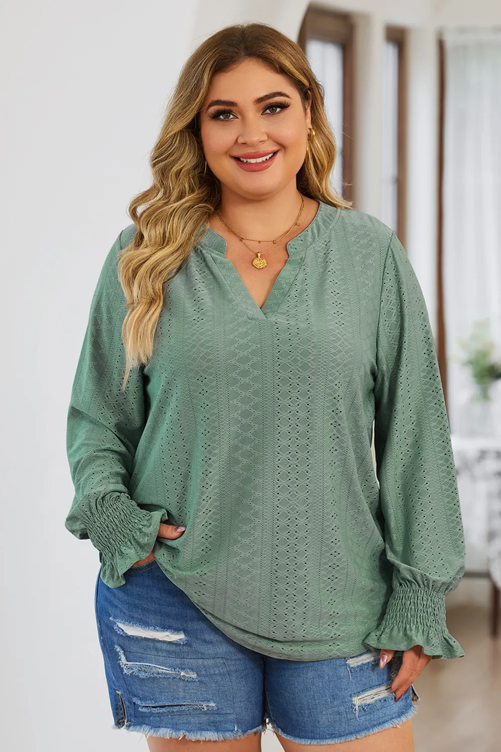 Plus Size Eyelet Notched Flounce Sleeve Blouse, image 4