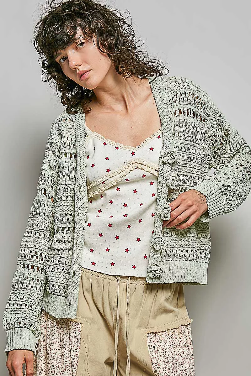 Open-Knit Floral Button Cardigan, image 2