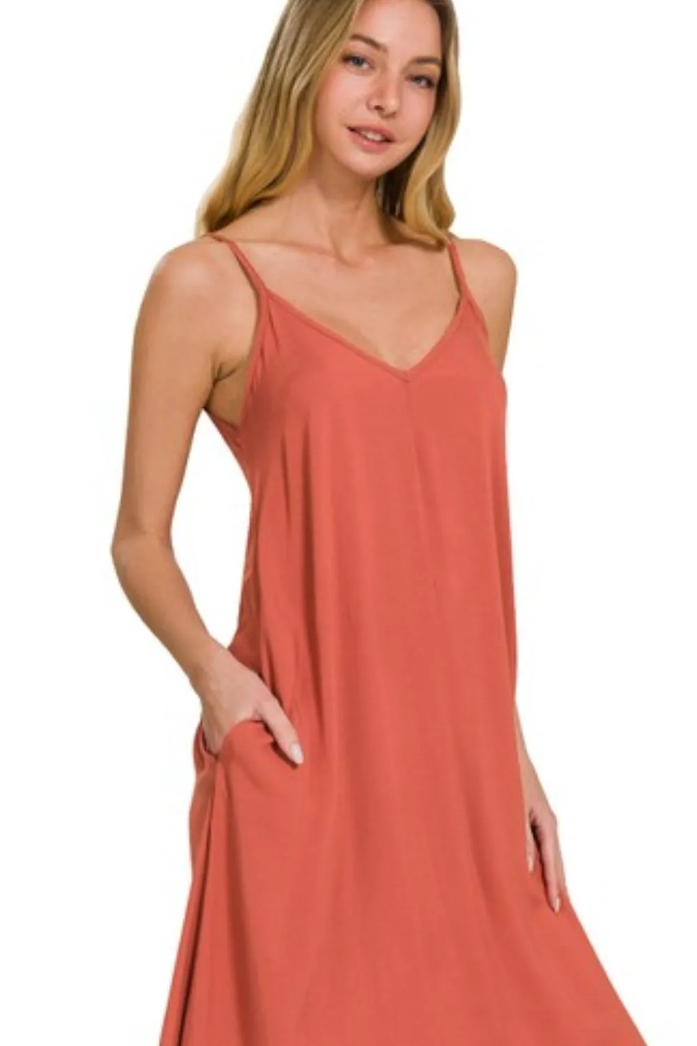 Woven Arc Hem Cami Midi Dress With Flowy Pockets, image 2