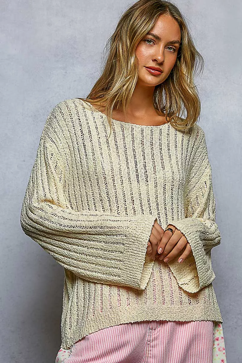 Round Neck Long Sleeve Open Weave Sweater, image 2