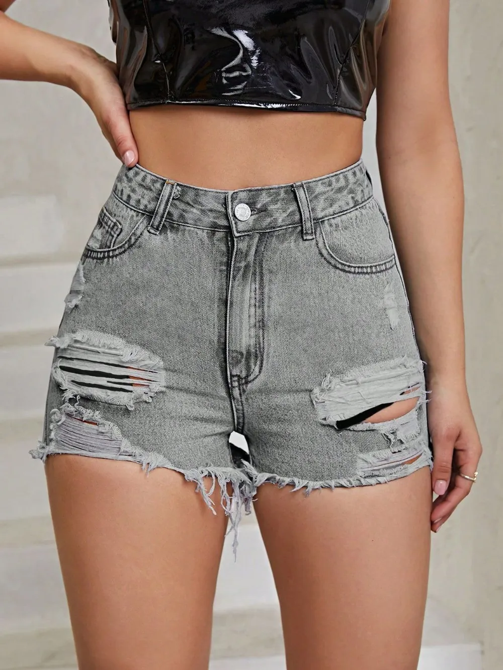 Distressed Raw Hem High Rise Denim Shorts, image 12