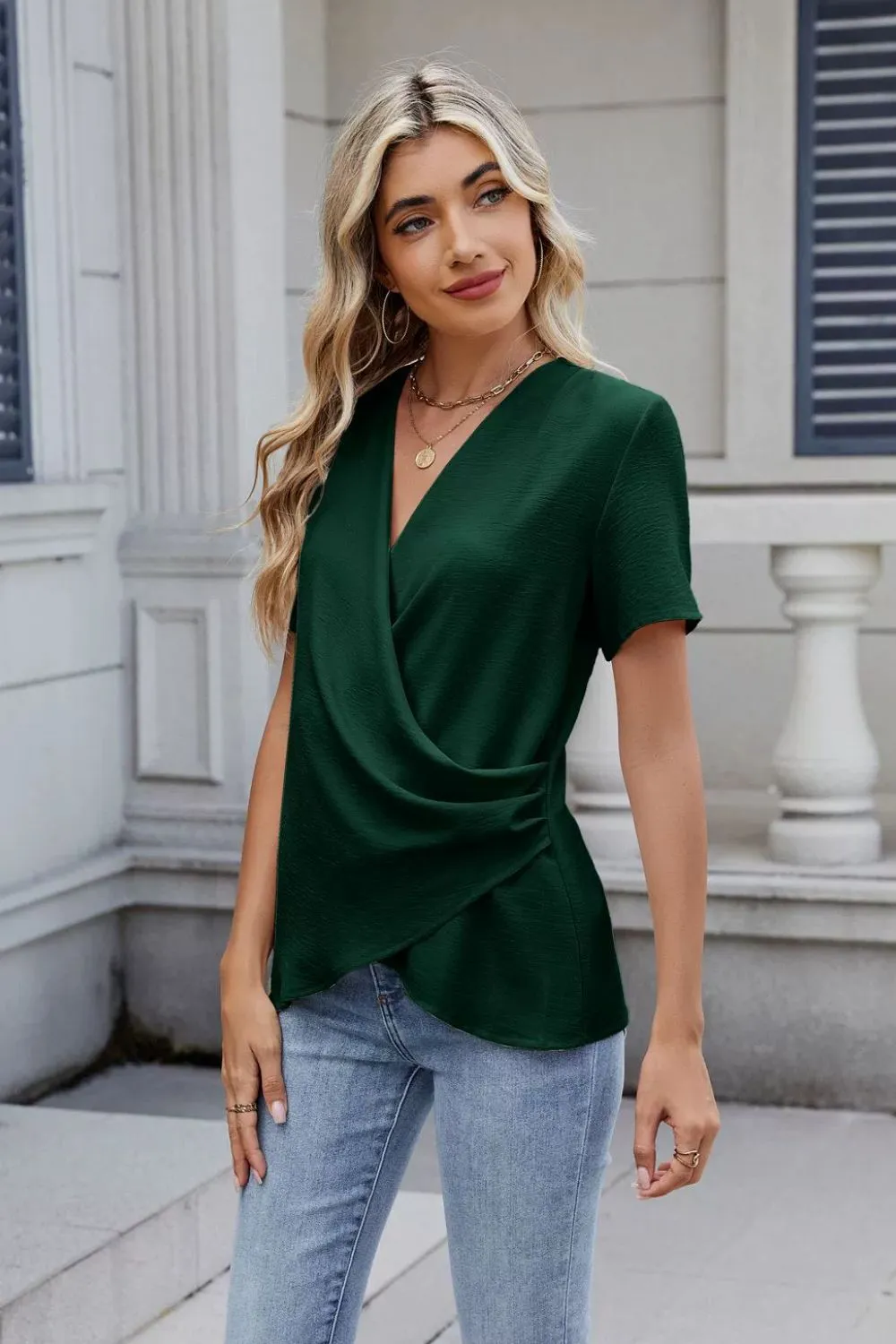 Solid Color Surplice Short Sleeve Blouse, image 10
