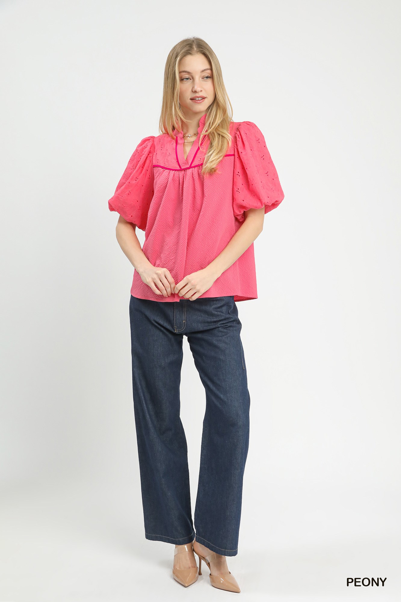 Puff Sleeve Eyelet Mix Top with Contrast Piping, image 3