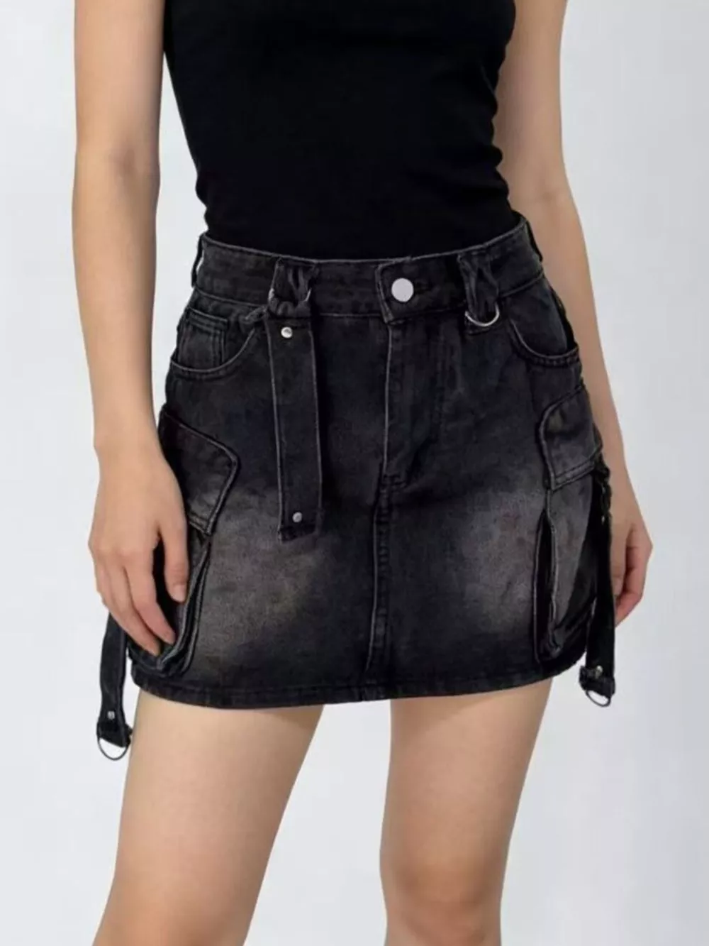 Washed Cargo Denim Skirt