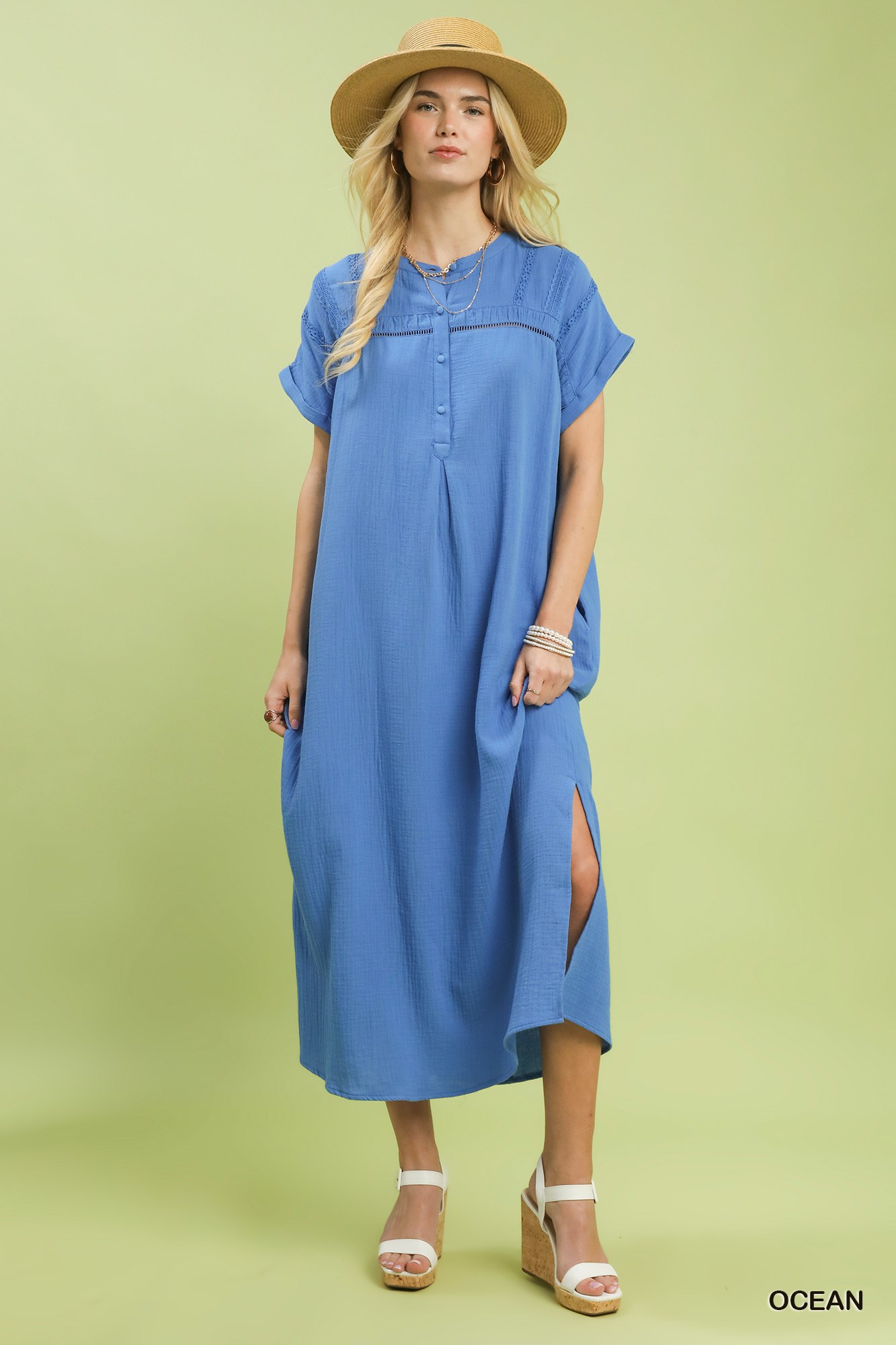 Button-Front Gauze Midi Dress with Lace Detail