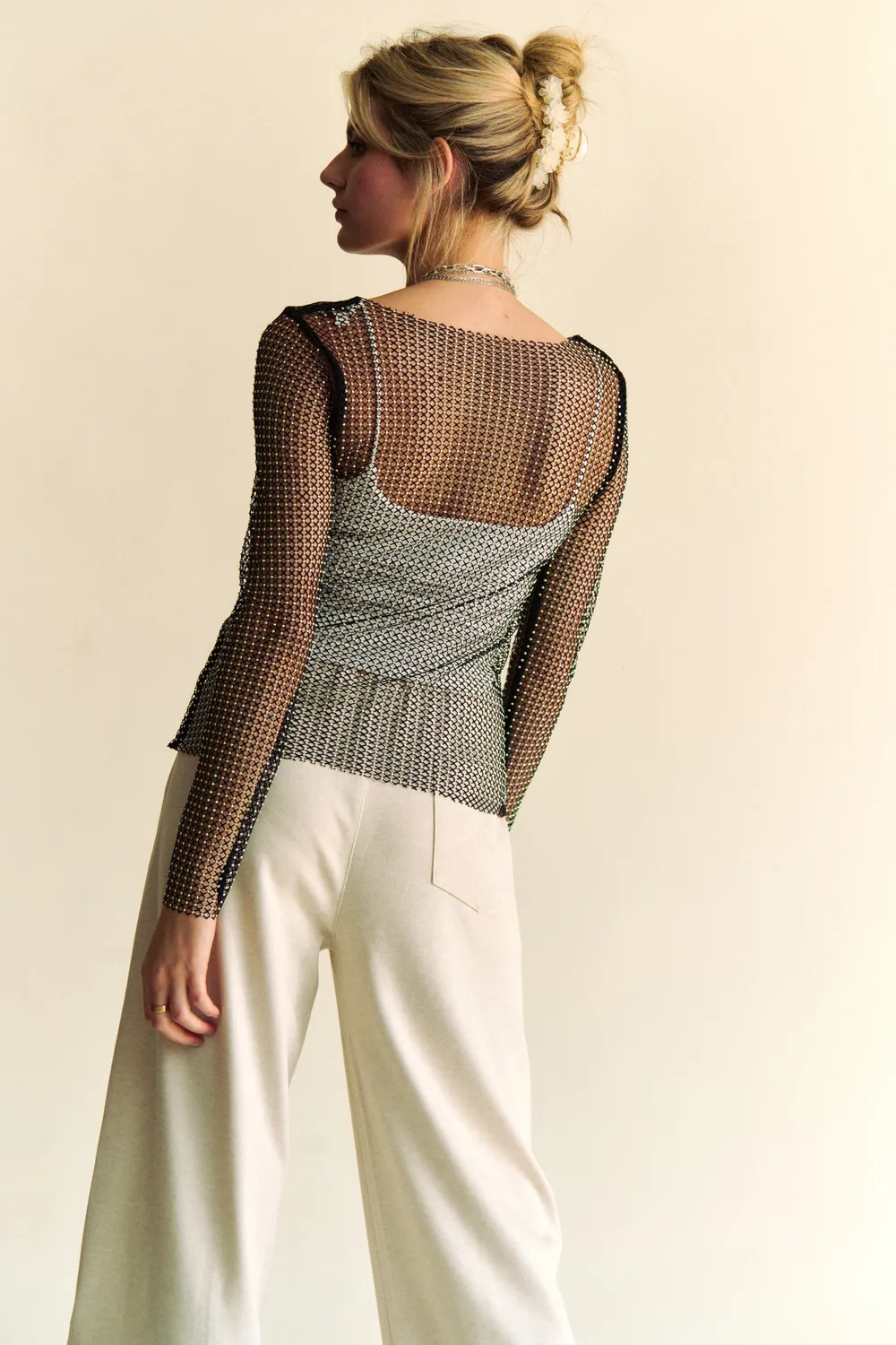 Sparkling Rhinestone Sheer Mesh Round Neck Top, image 2