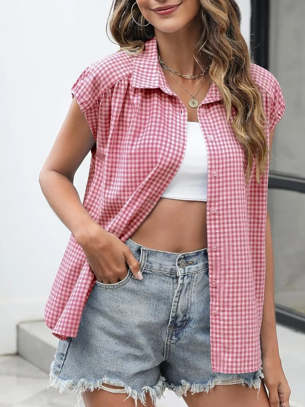 Plaid Button Up Cap Sleeve Shirt, image 22