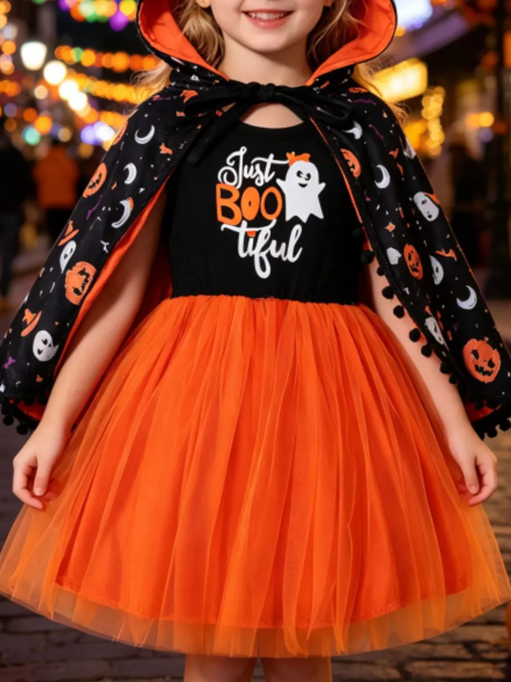 Children's Halloween Ghost Graphic Dress and Hooded Cape Set