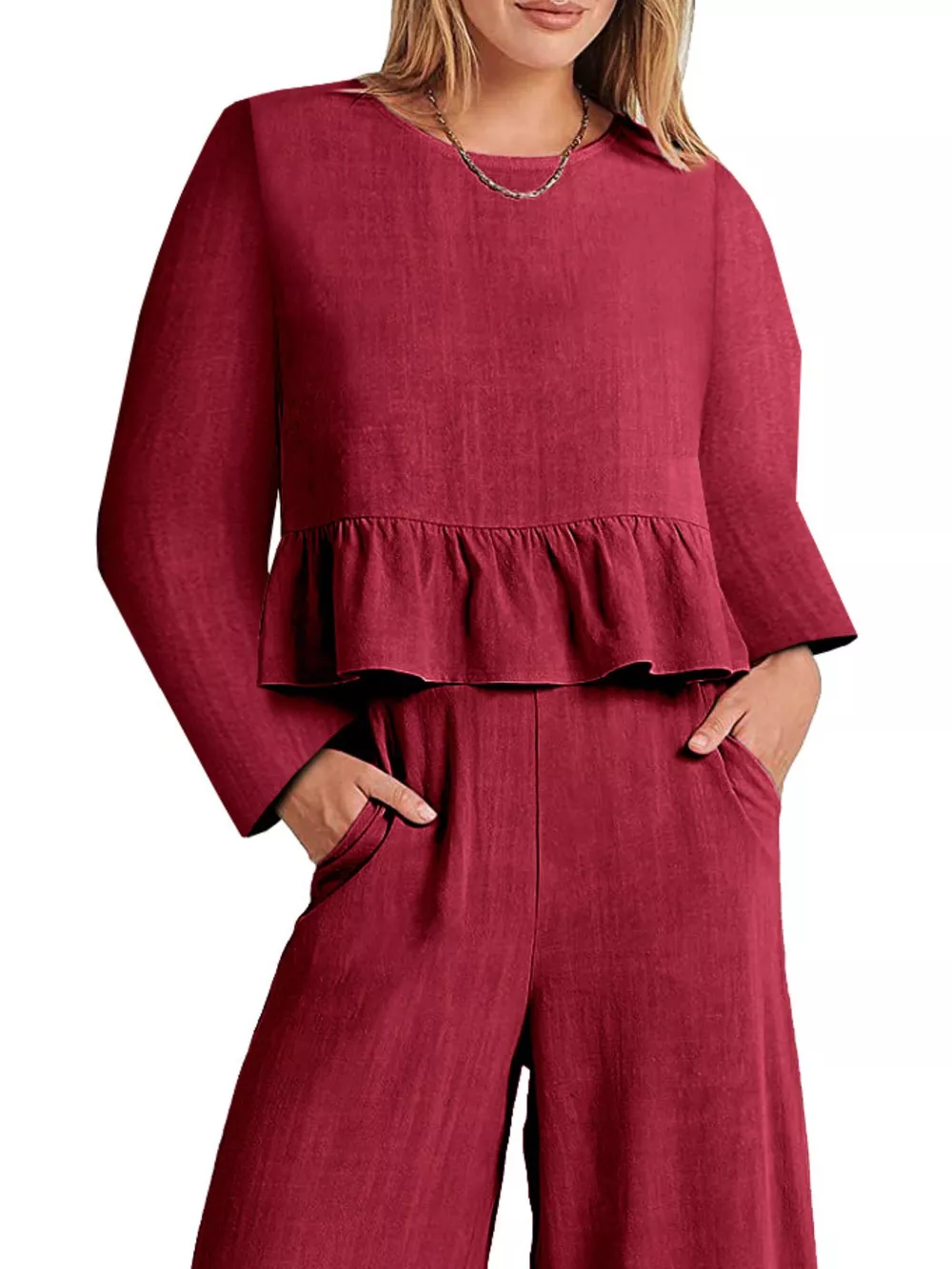 Full Size Ruffled Hem Long Sleeve Top and Pants Set Plus Size, image 9