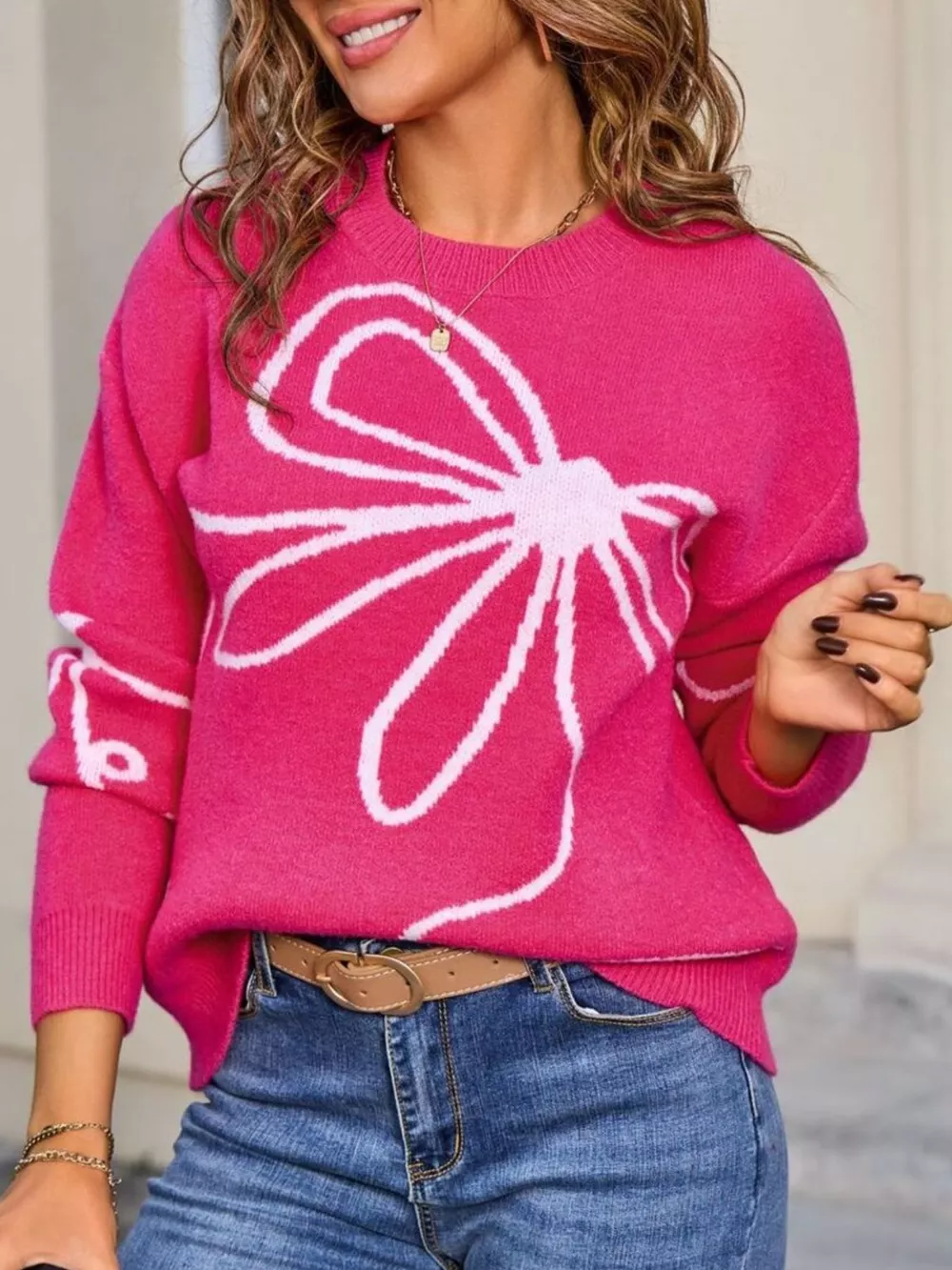 Floral Crew Neck Long Sleeve Sweater, image 8