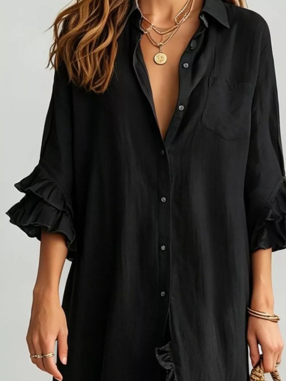 Full Size Ruffled Trim Button-Down Maxi Shirt Dress Plus Size, image 4