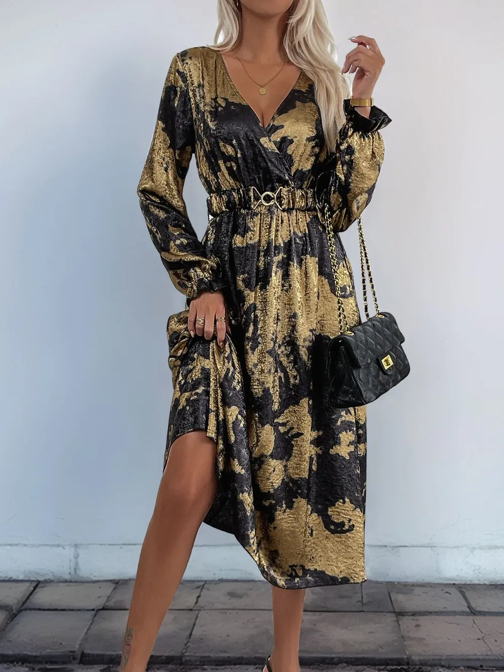 Printed Surplice Long Sleeve Midi Dress, image 5