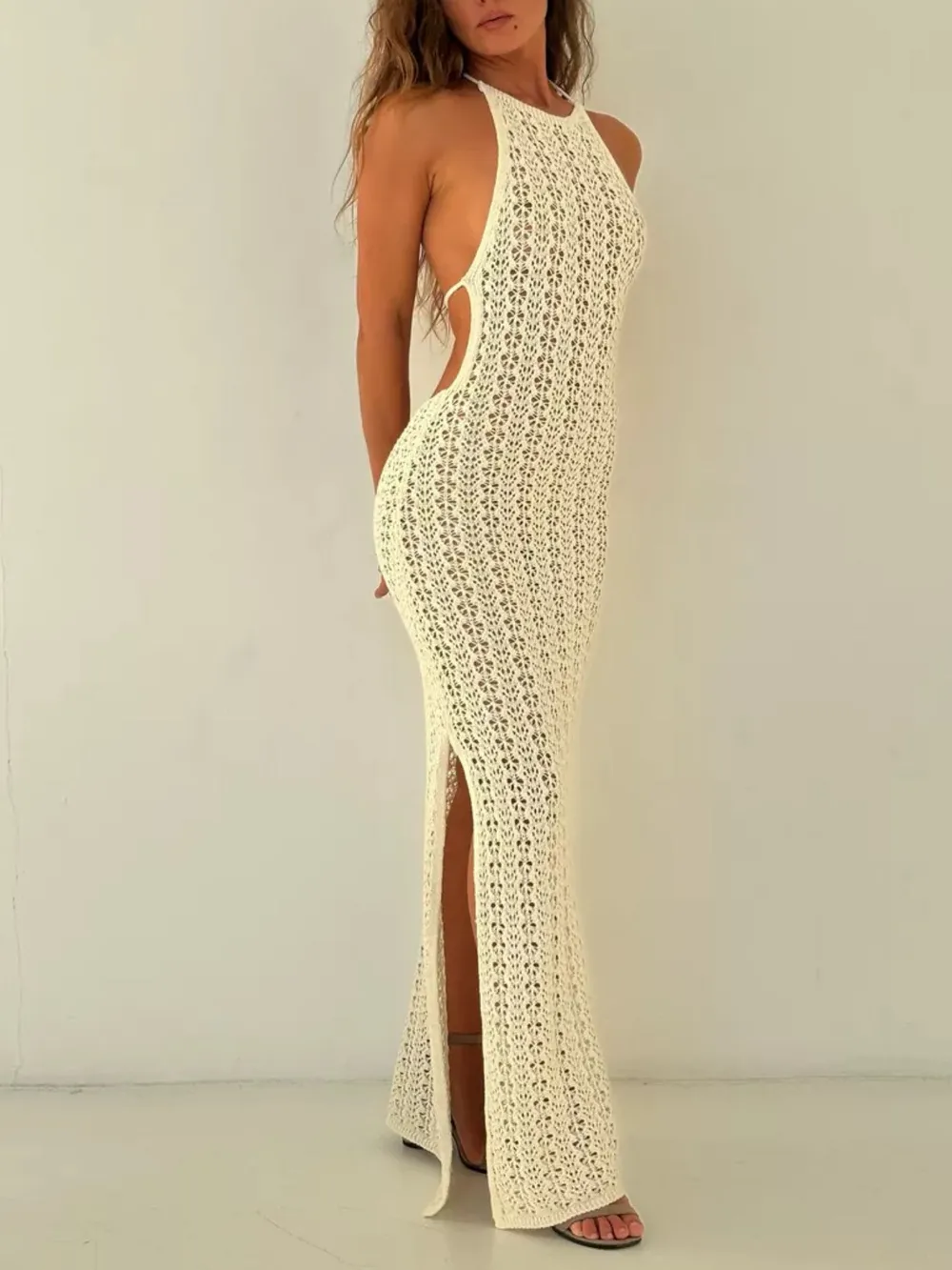 Crochet Halter Neck Bodycon Knit Cover Up Dress, image 9