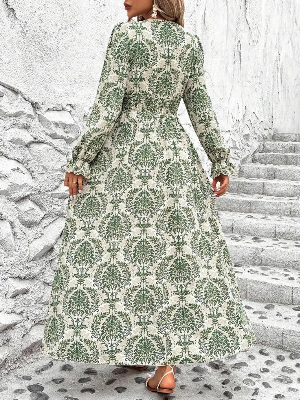 Smocked Printed V-Neck Flounce Sleeve Dress, image 8