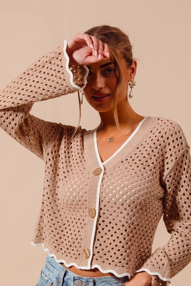 Open Knit Light Weight Sweater Cardigan With Contrast Wavy Scallop Edge, image 2