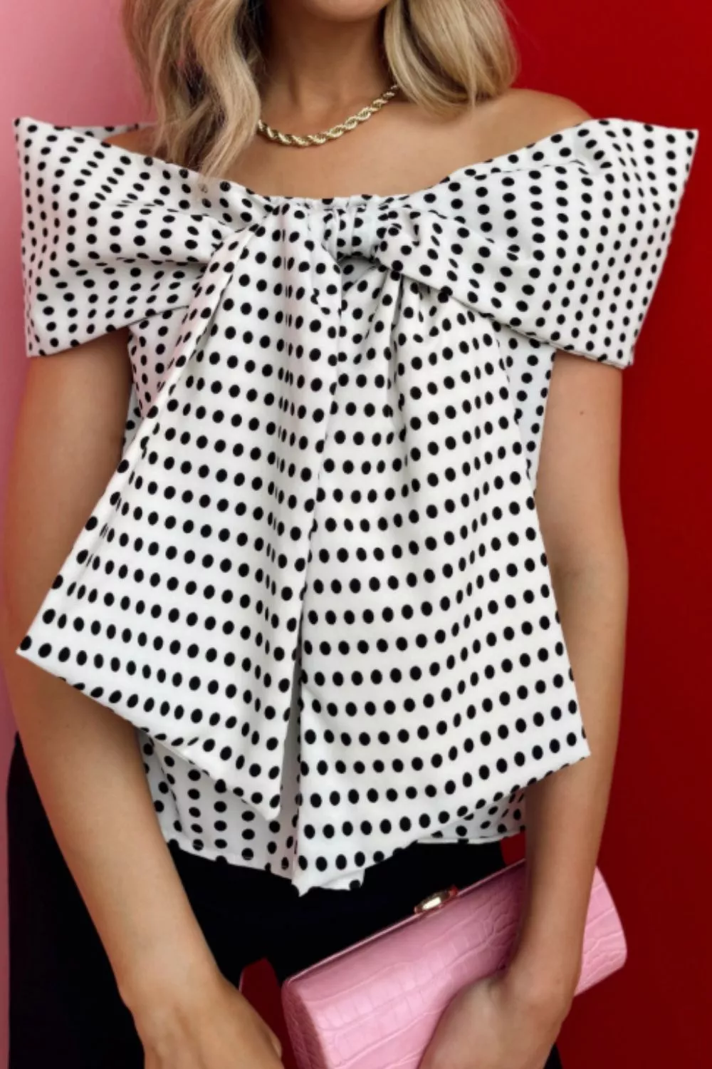 Polka Dot Off Shoulder Bow Knot Short Sleeve Blouse, image 2