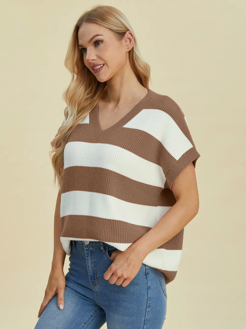 Full Size Striped V-Neck Short Sleeve Sweater, image 18