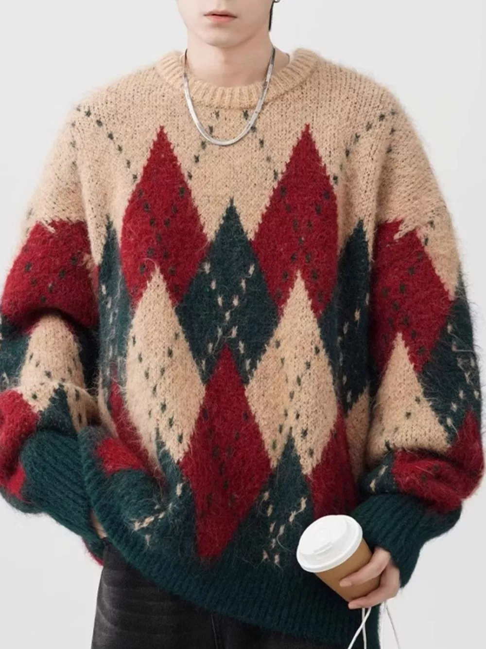 Men's Plus Size Argyle Knit Round Neck Sweater, image 2