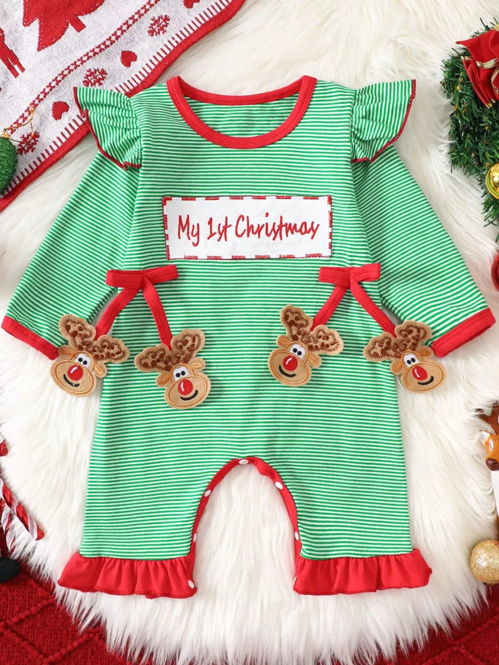 Children's Christmas-Themed Striped Snapped Legs Jumpsuit, image 14