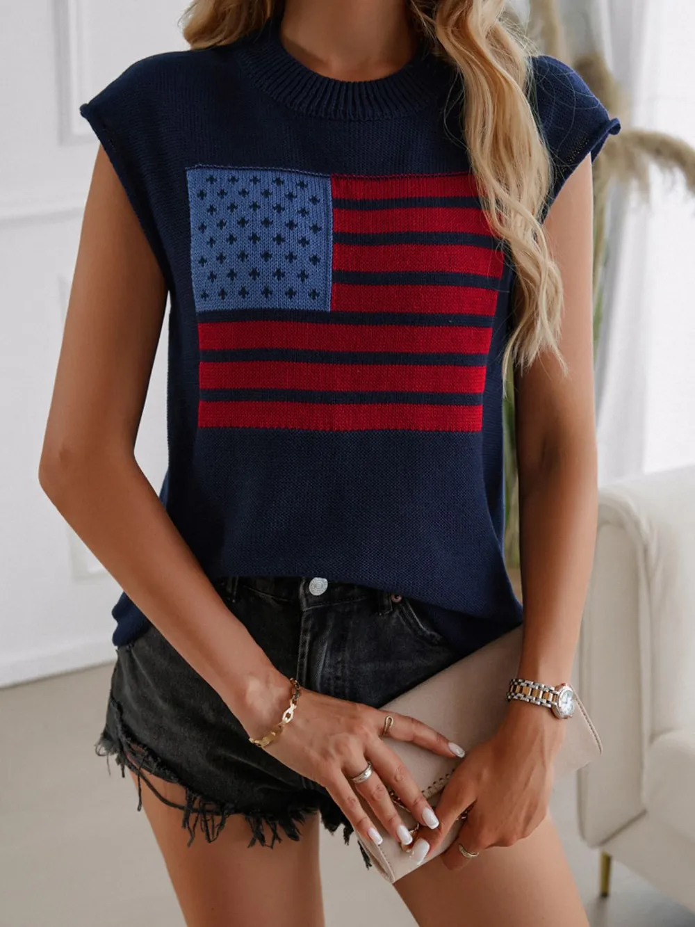 US Flag Round Neck Sweater Vest, image 11