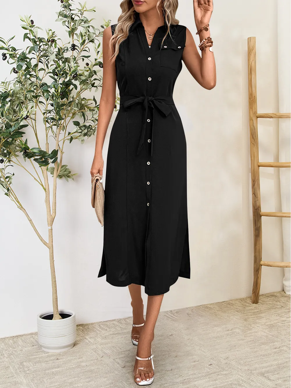 Button Up Sleeveless Midi Dress, image 3