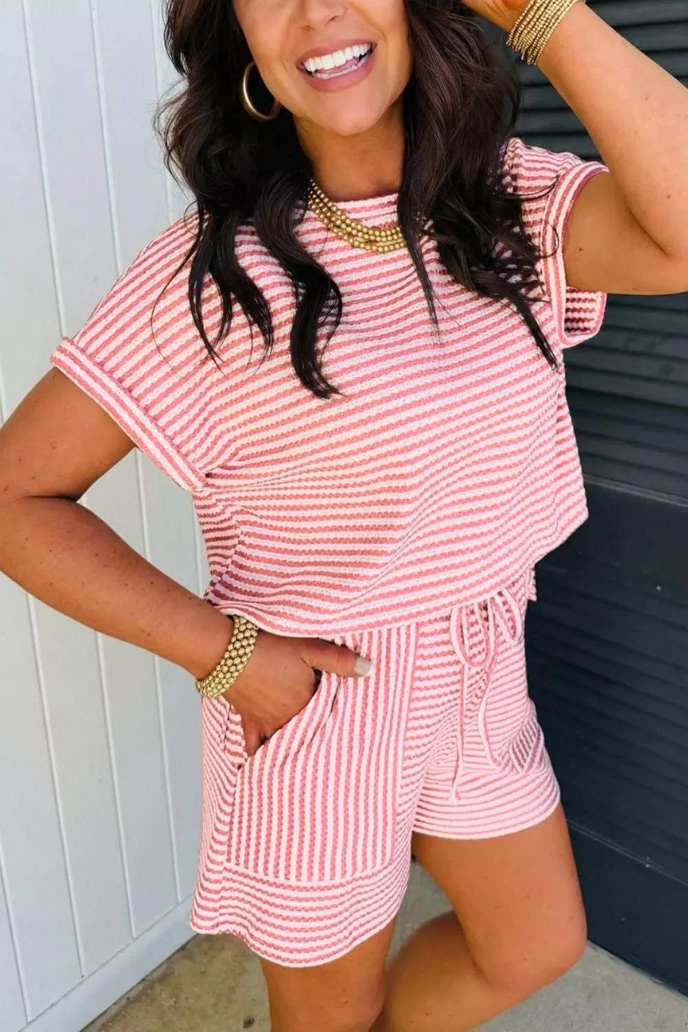 Stripe Breathable Textured Knit Short 2pcs Set, image 5