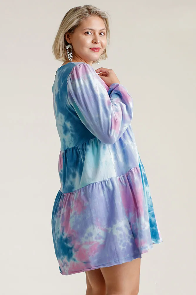 Full Size Tie Dye Round Neck Long Sleeve Babydoll Tiered Dress Plus Size, image 4