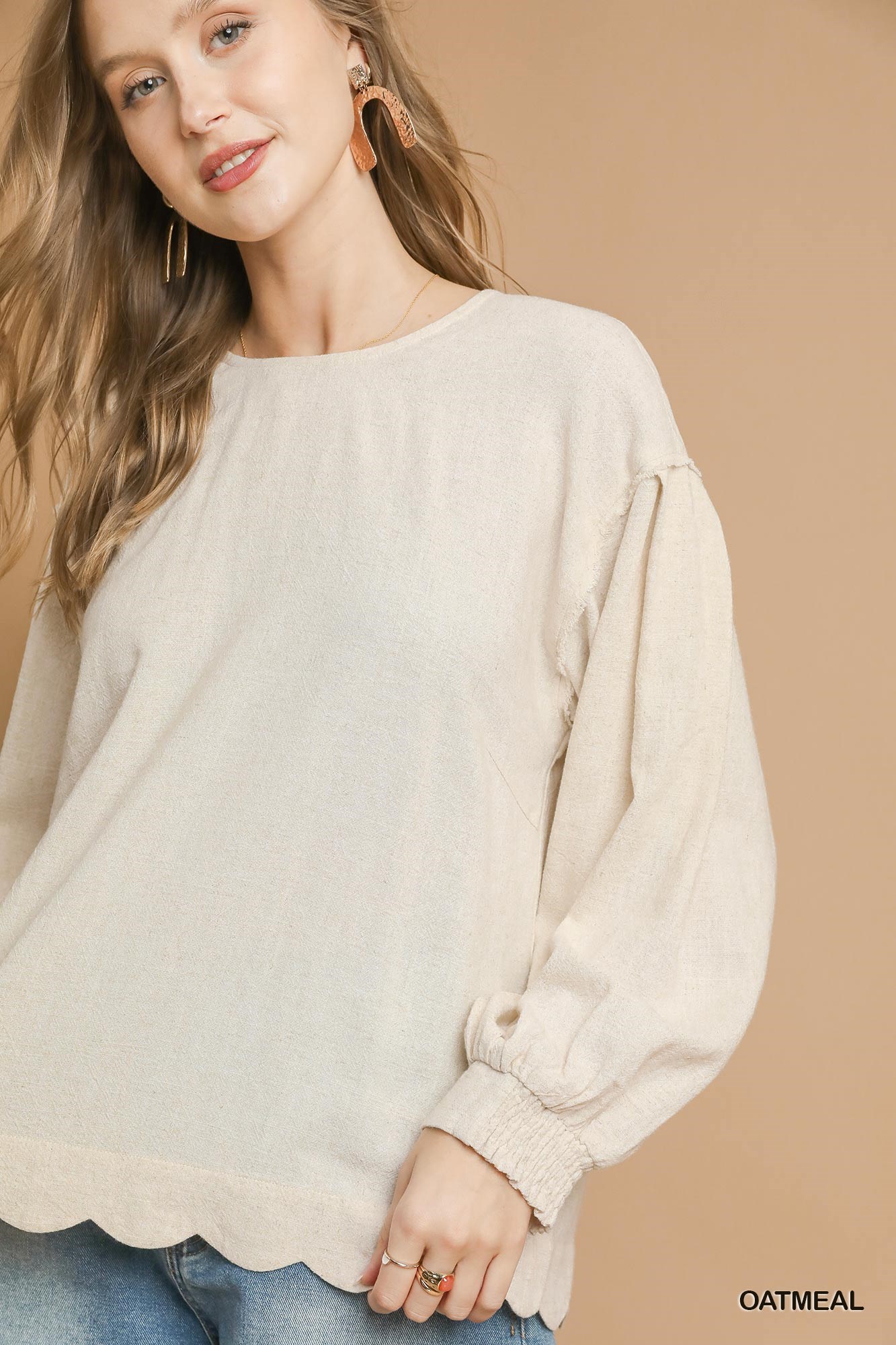 Linen Scallop Hem Long Sleeve Blouse, image 5